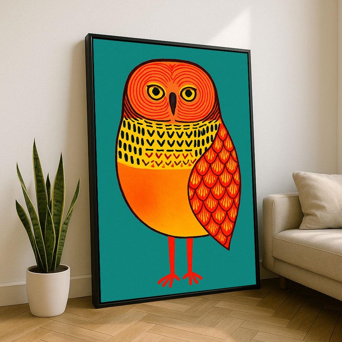 Vibrant Owl Pop Art Illustration Teal Background Colorful Poster