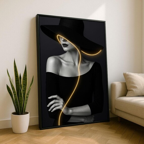 Elegant Woman In Black Hat Canvas Wall Art Print Modern Living Room Decor Statement Piece