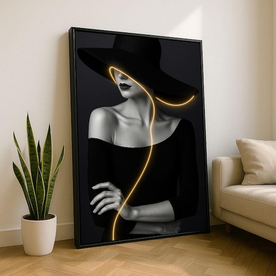 Elegant Woman In Black Hat Golden Neon Light Dark Glamour Art Poster