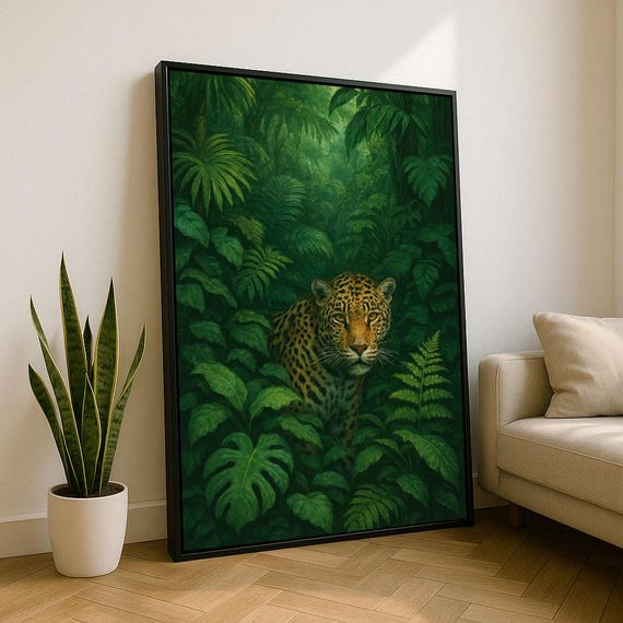 Serene Leopard In Jungle Canvas Wall Art Print Green Living Room Decor Statement Piece For Modern Nature Lovers