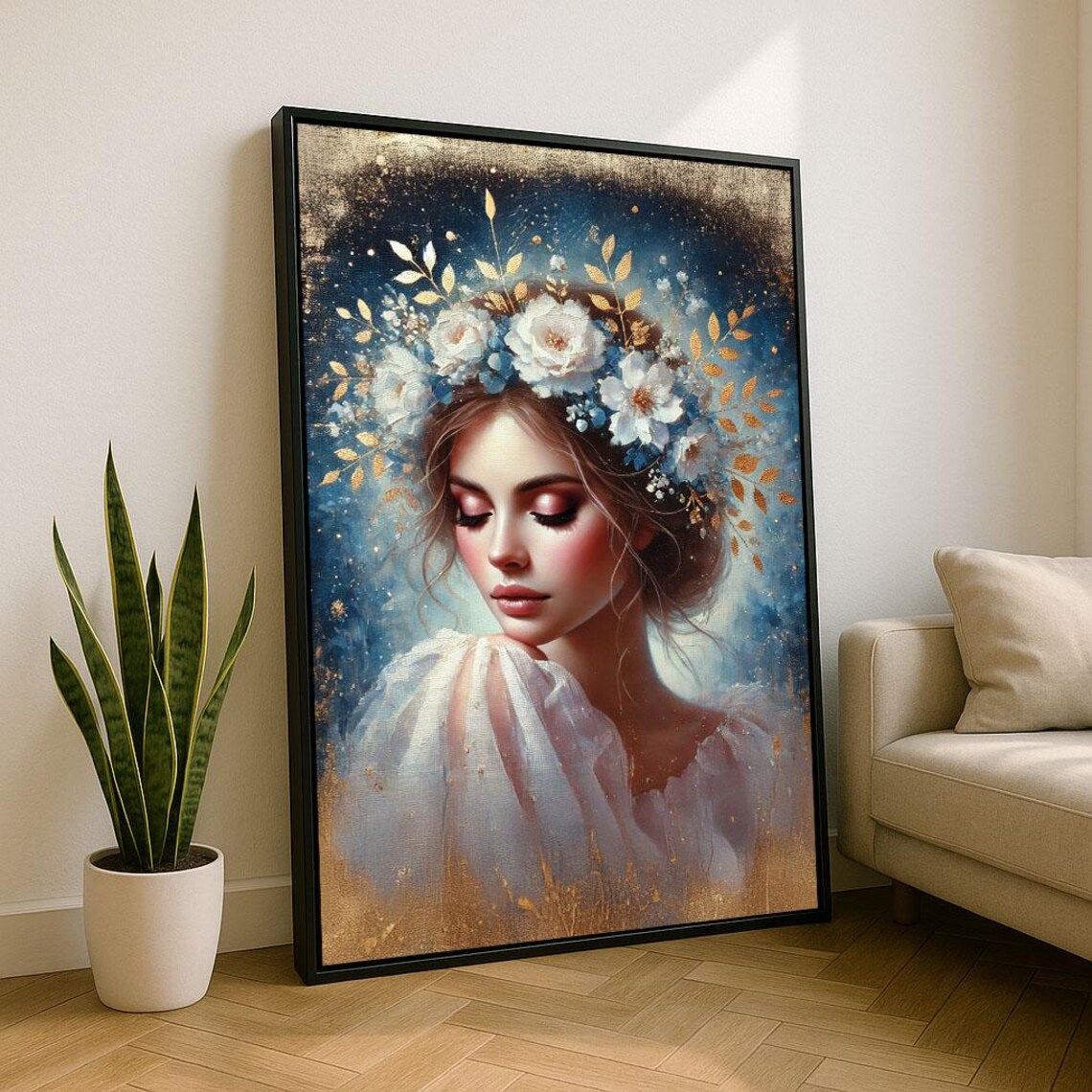 Dreamy Woman with White Floral Crown Golden Leaf Portrait Poster