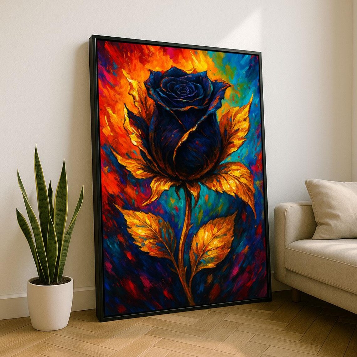 Blue Rose Golden Leaves Fiery Abstract Floral Painting Poster