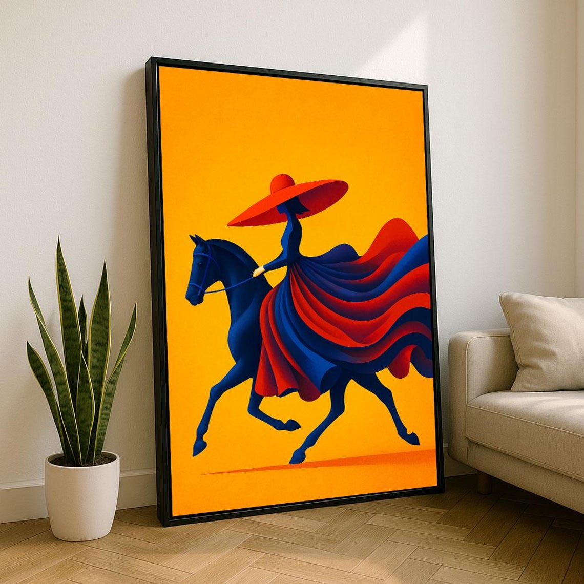 Woman In Red Hat Riding Blue Horse Orange Minimal Art Poster