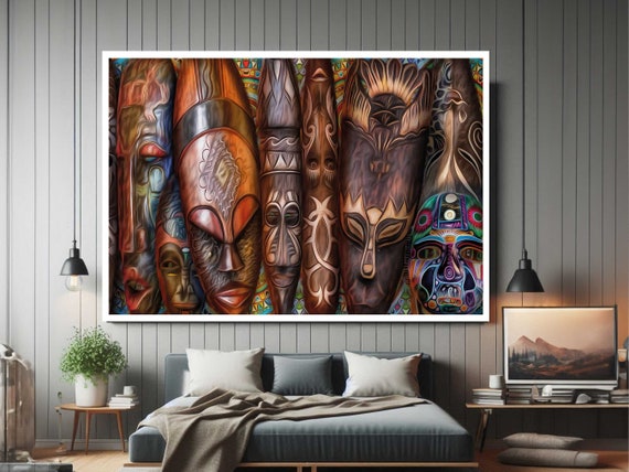 African Traditional Masks Framed Modern Canvas Wall Art Print Ready To Hang Gift For Office Home Mom