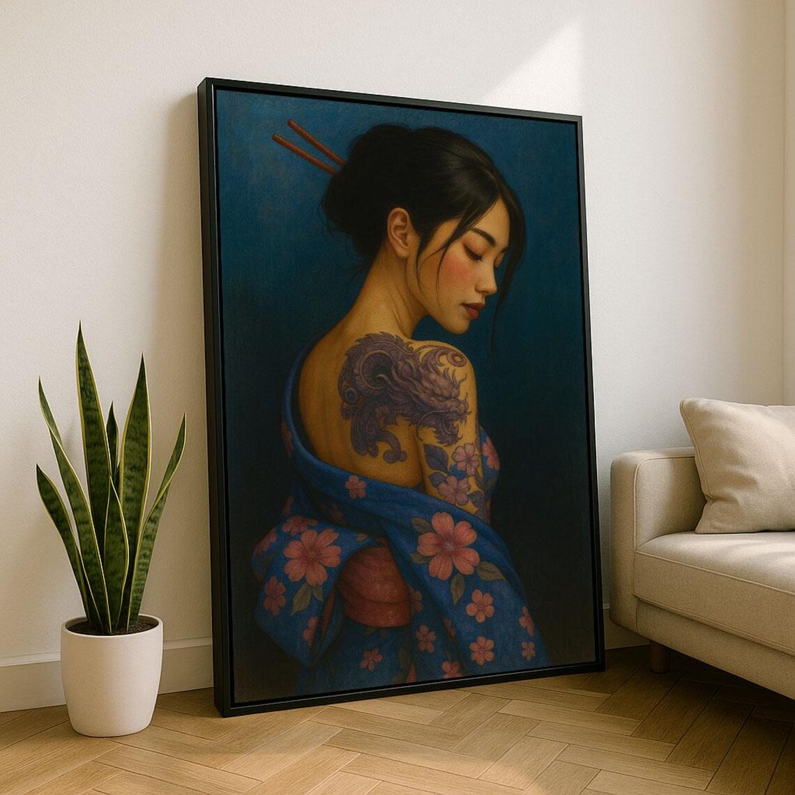 Elegant Japanese Woman Dragon Tattoo Blue Floral Kimono Poster