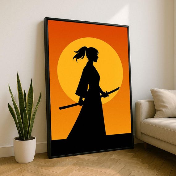 Samurai Woman Silhouette Canvas Wall Art Print Bold Japanese Style Living Room Decor Statement Piece