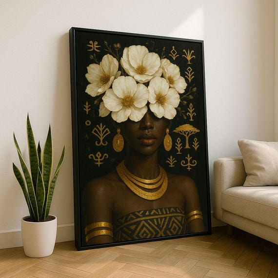 Bold African Woman With Floral Crown Canvas Wall Art Print Boho Living Room Decor Statement Piece