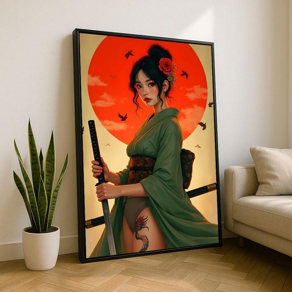 Dynamic Samurai Woman In Kimono Canvas Wall Art Print Bold Japanese Style Living Room Decor Statement Piece