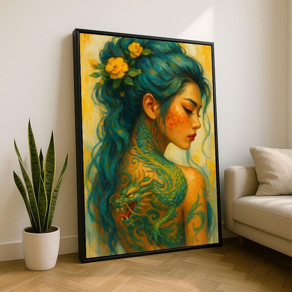 Alluring Dragon Tattooed Woman Canvas Wall Art Print Boho Bedroom Decor Statement Piece