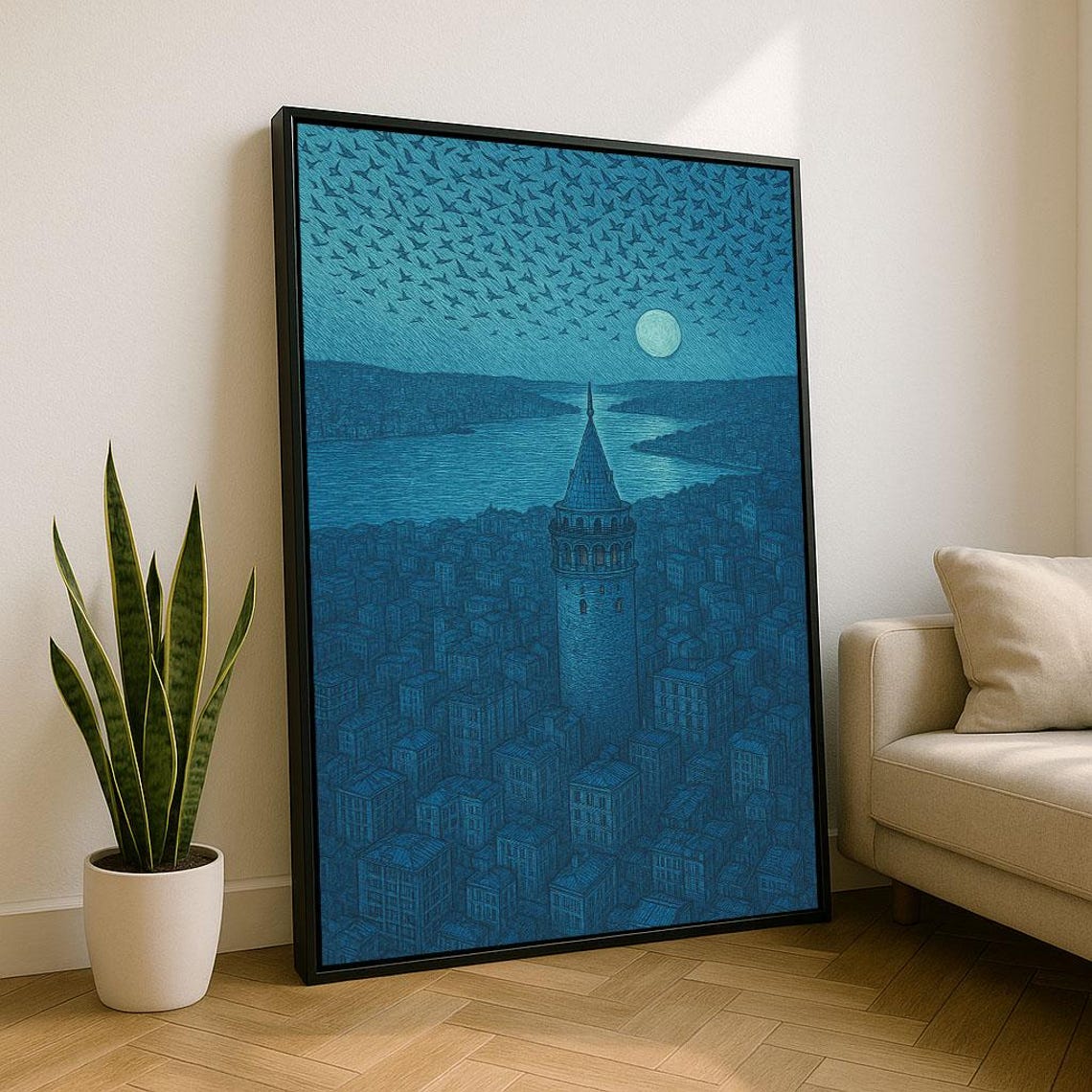 Galata Tower Istanbul at Night Under Moonlight Blue Cityscape Poster