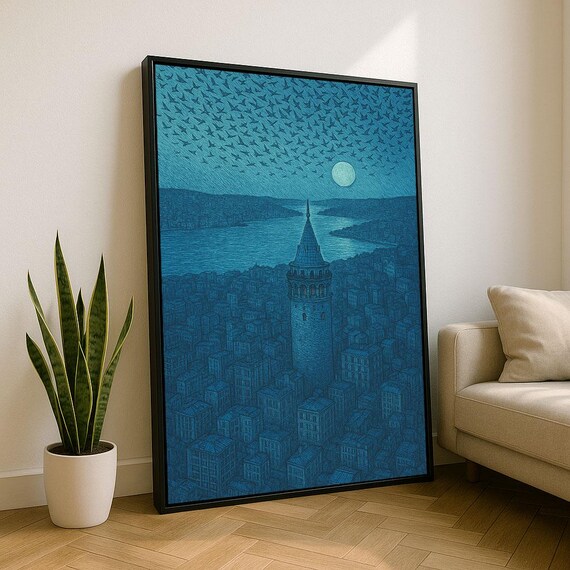 Galata Tower Istanbul at Night Under Moonlight Blue Cityscape Poster