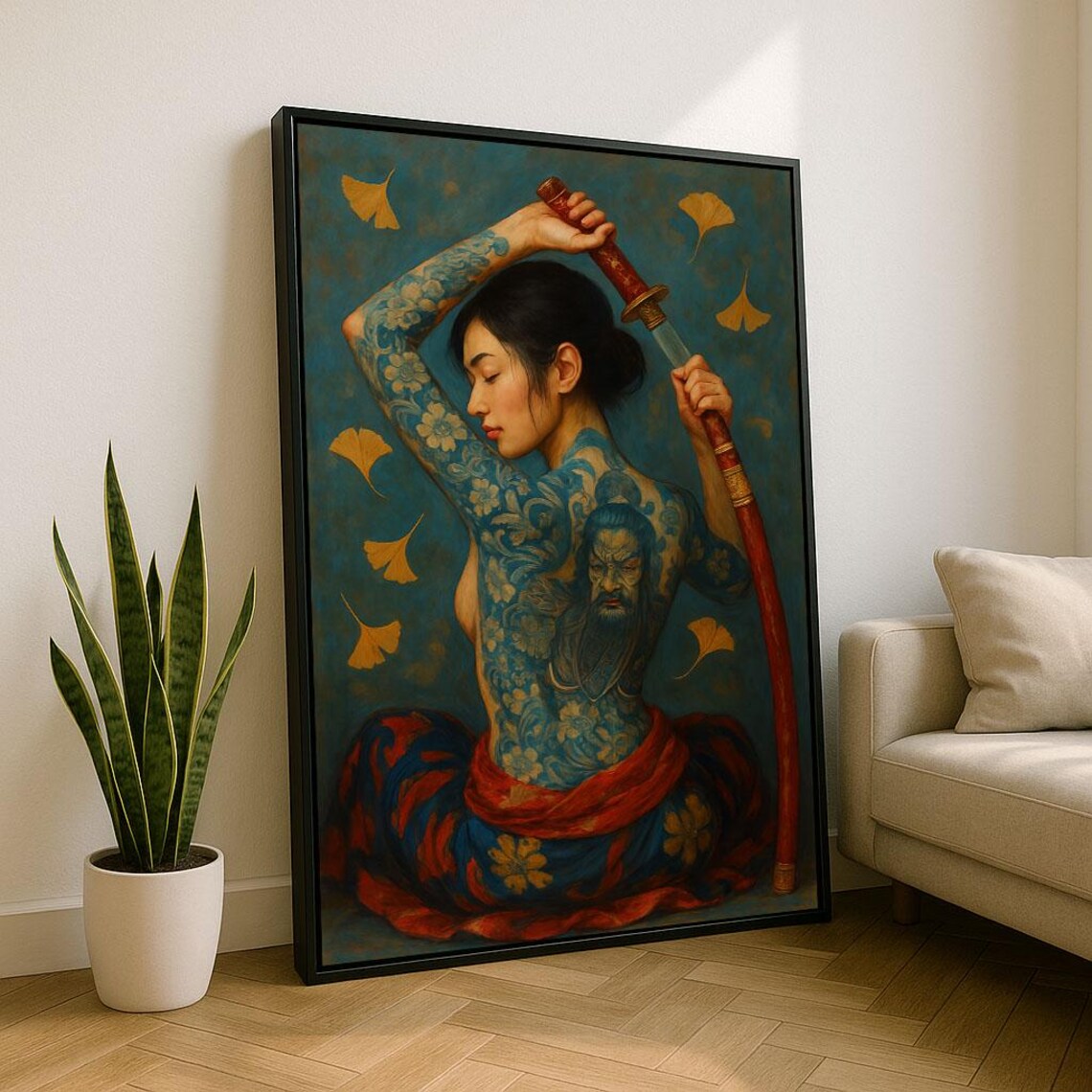 Tattooed Japanese Woman Drawing Katana Ginkgo Leaves Art Poster