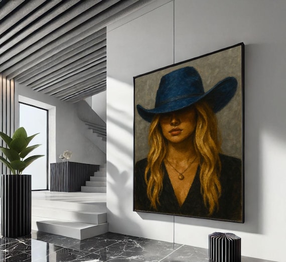 Blonde Woman In Blue Cowboy Hat Western Style Painted Portrait Poster