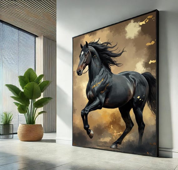 Running Black Horse Canvas Wall Art Print Luxury Equestrian Decor Bold Gold Accent Animal Artwork