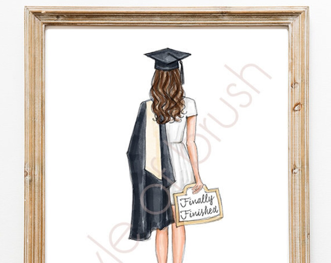 Brunette Graduate Holding Finally Finished Sign Watercolor Poster