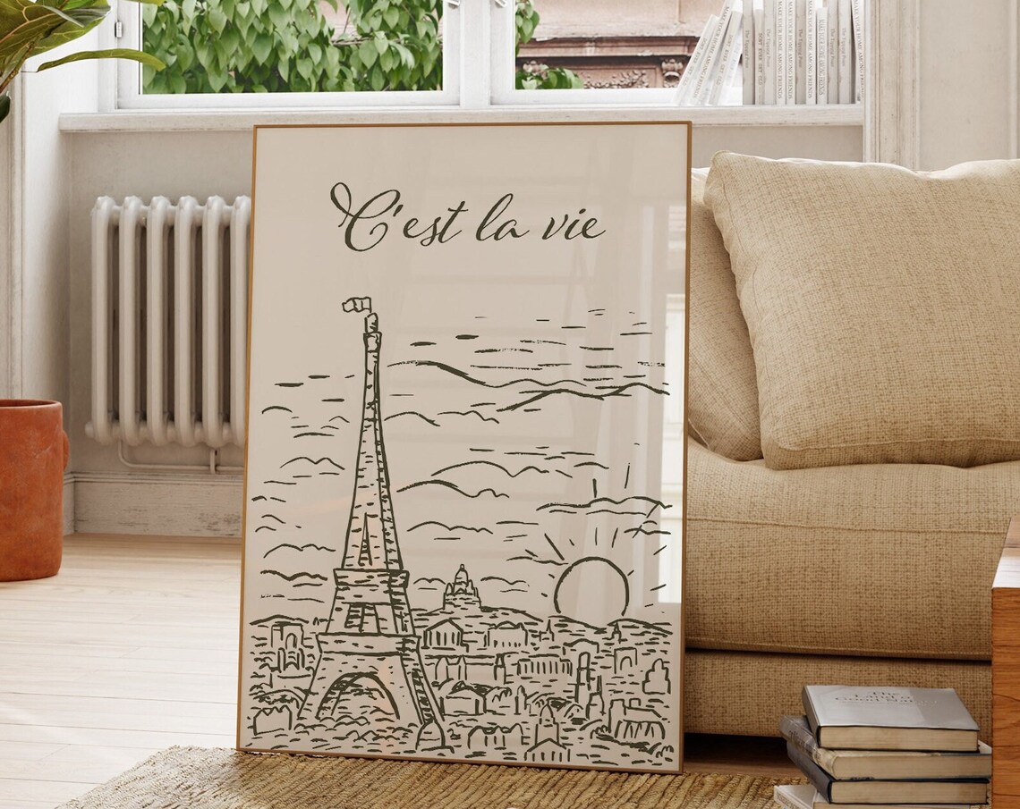 C'est La Vie Hand Drawn Paris Eiffel Tower Sunset Art Poster
