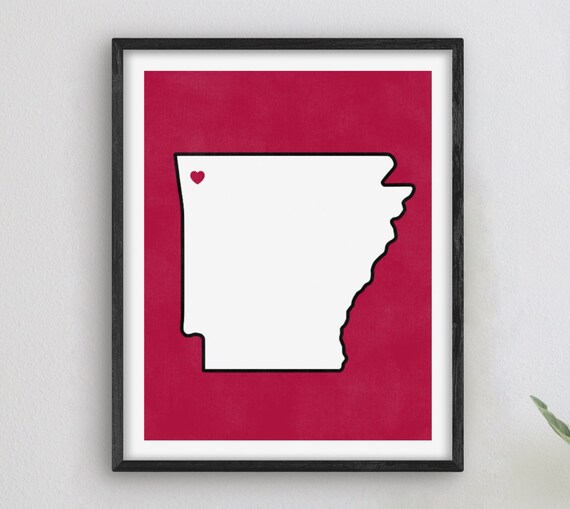 Arkansas Heart State Silhouette White Red Hometown Map Art Poster