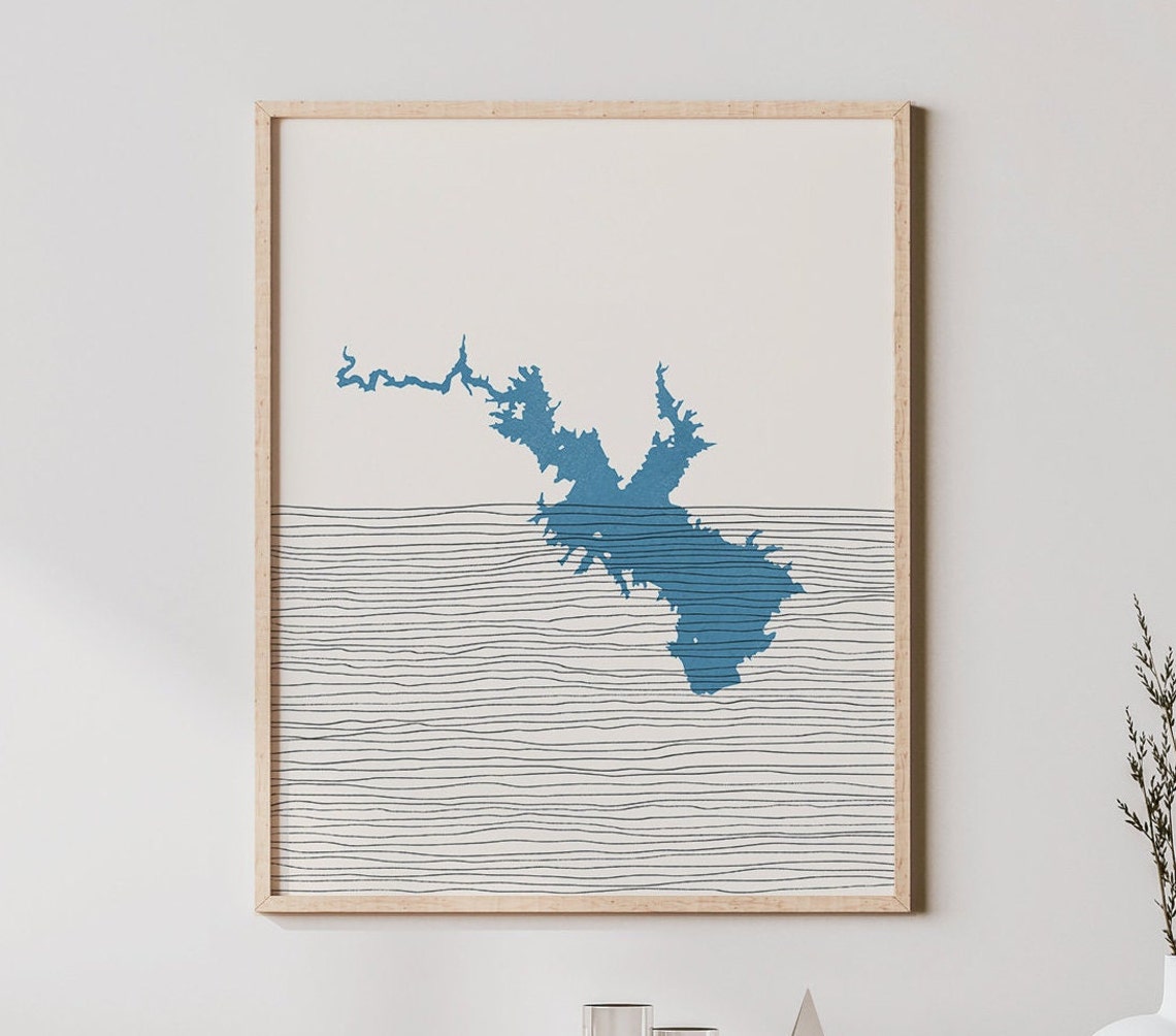 Minimalist Blue Whiskeytown Lake Map Silhouette With Waves Poster
