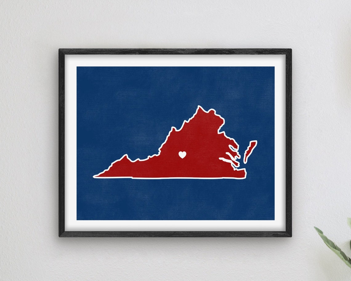 Virginia Heart State Silhouette Red Blue Hometown Map Art Poster