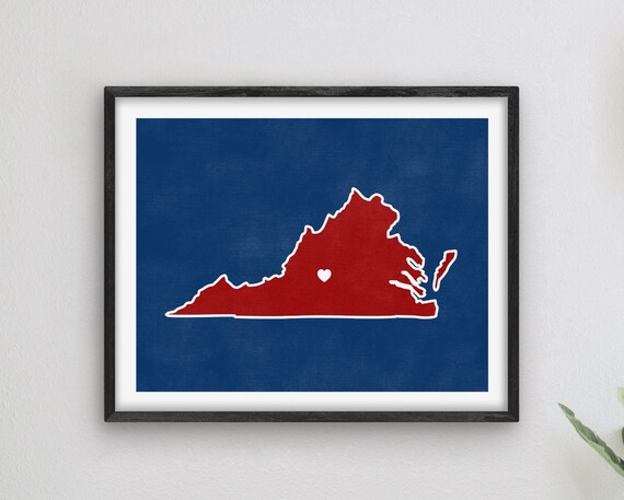 Virginia Heart State Silhouette Red Blue Hometown Map Art Poster