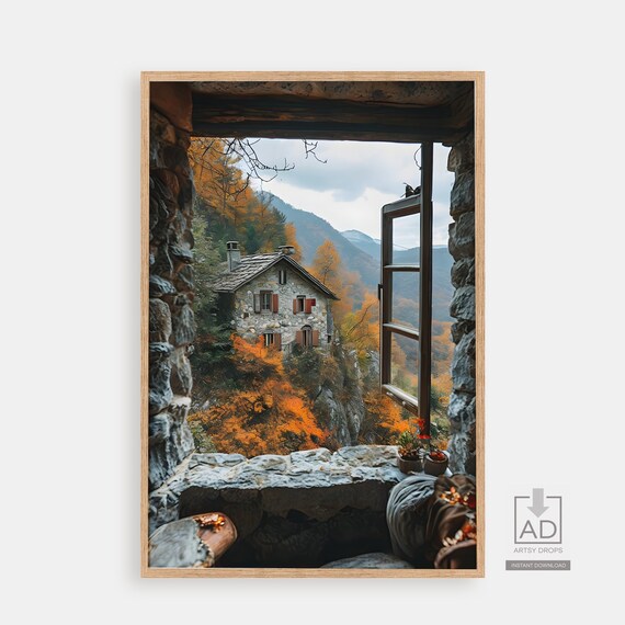 Stone Cottage Autumn Mountains Stone Window View Cozy Art Poster