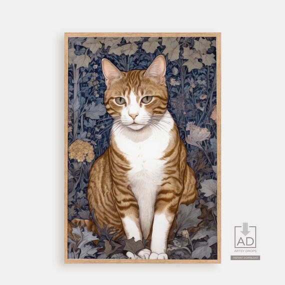 Orange Tabby Cat Botanical Illustration Navy Floral Feline Wall Art