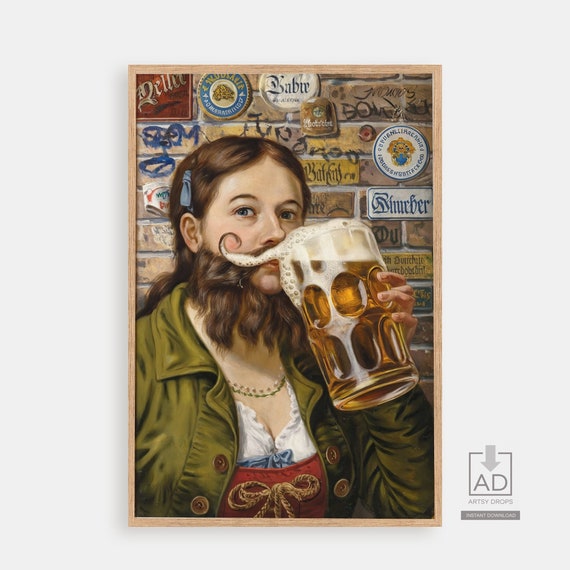 Unique Art Quirky Woman Drinking Beer Print Funky Bearded Lady Artwork Craft Room Decor Fun Wall