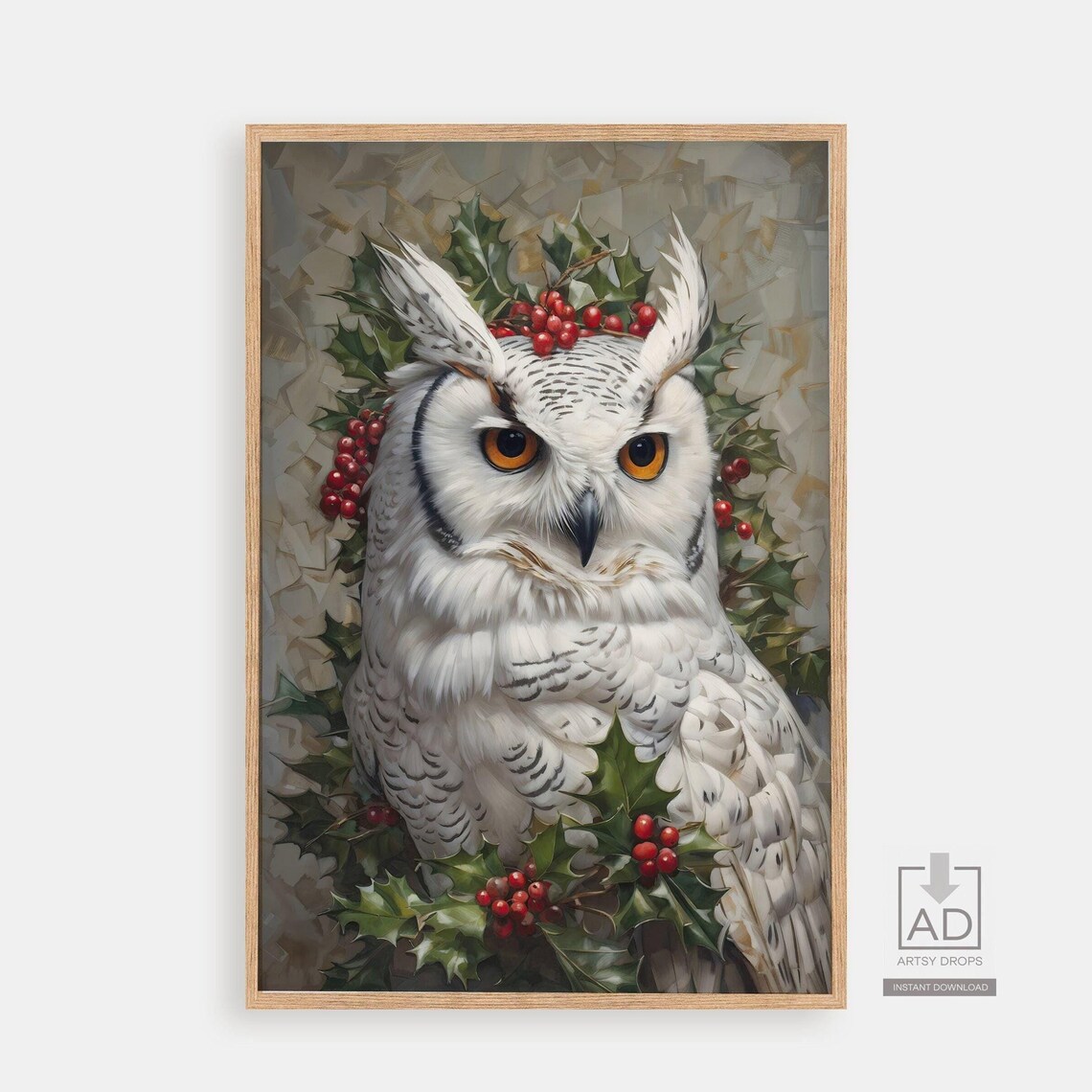 White Snowy Owl Holly Berry Crown Christmas Portrait Winter Poster