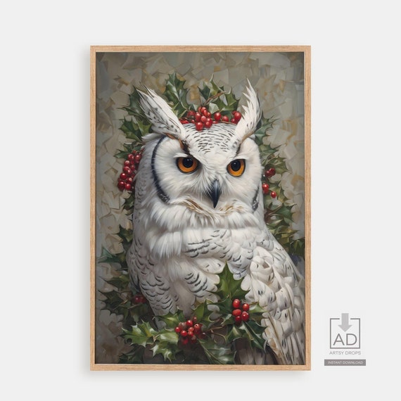 Snowy White Owl Christmas Decor Print Winter Art Illustration Festive Bird Holiday Wall