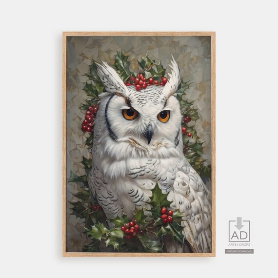 White Snowy Owl Holly Berry Crown Christmas Portrait Winter Poster