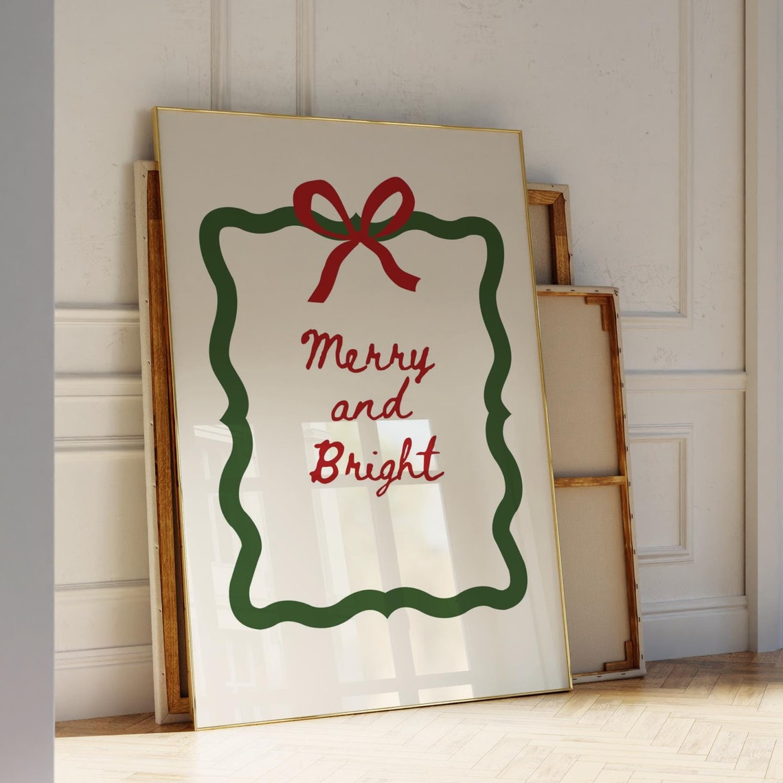 Merry and Bright Red Script Green Scalloped Frame Holiday Poster - Image 3