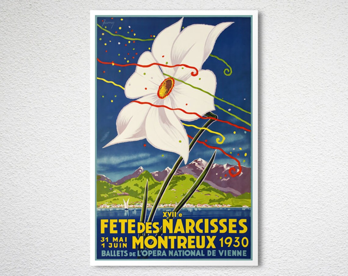 Montreux 1930 Narcissus Festival Vintage Swiss Flower Poster - Image 2