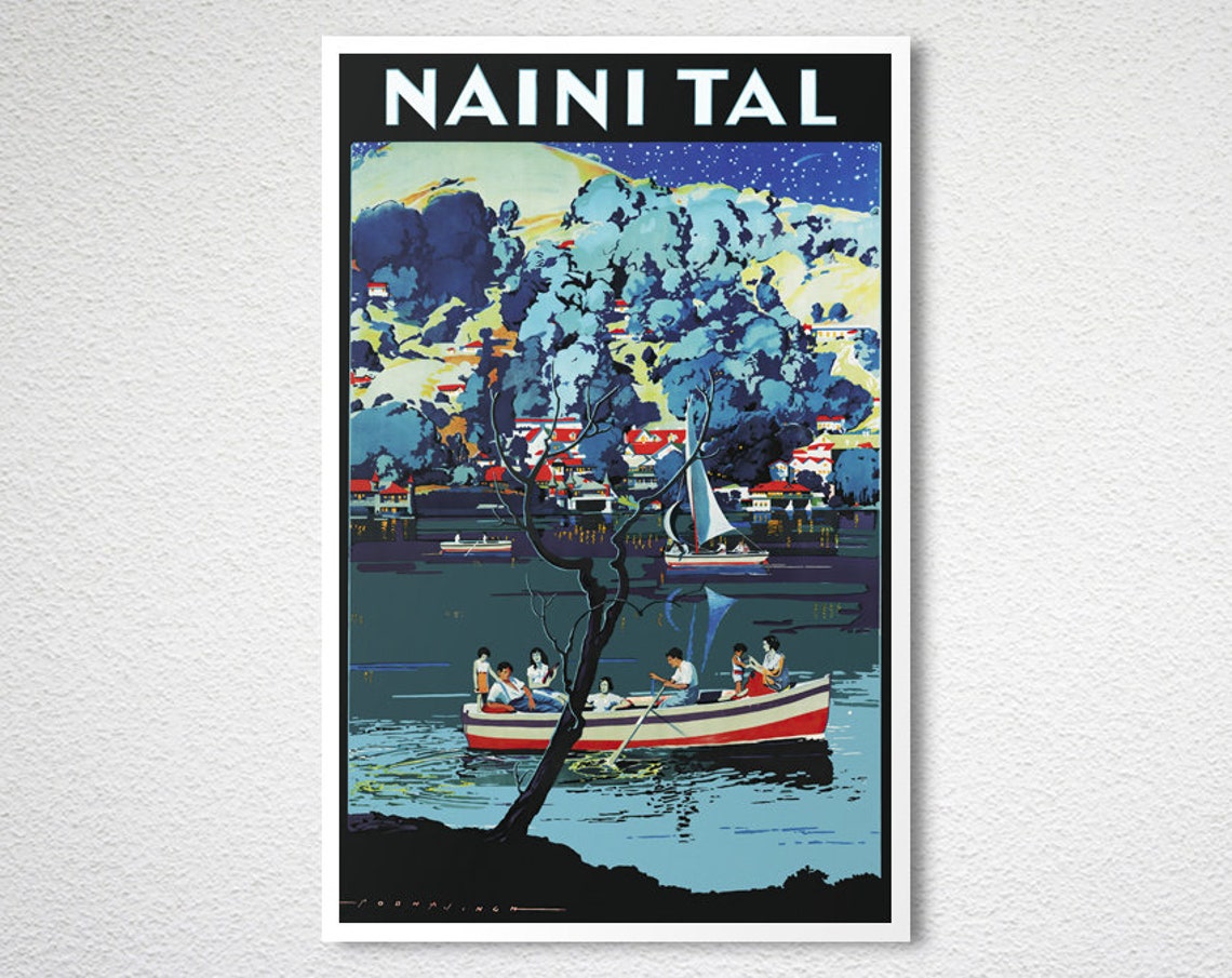 Naini Tal Vintage Indian Lake Night Rowboat Travel Poster Art - Image 2