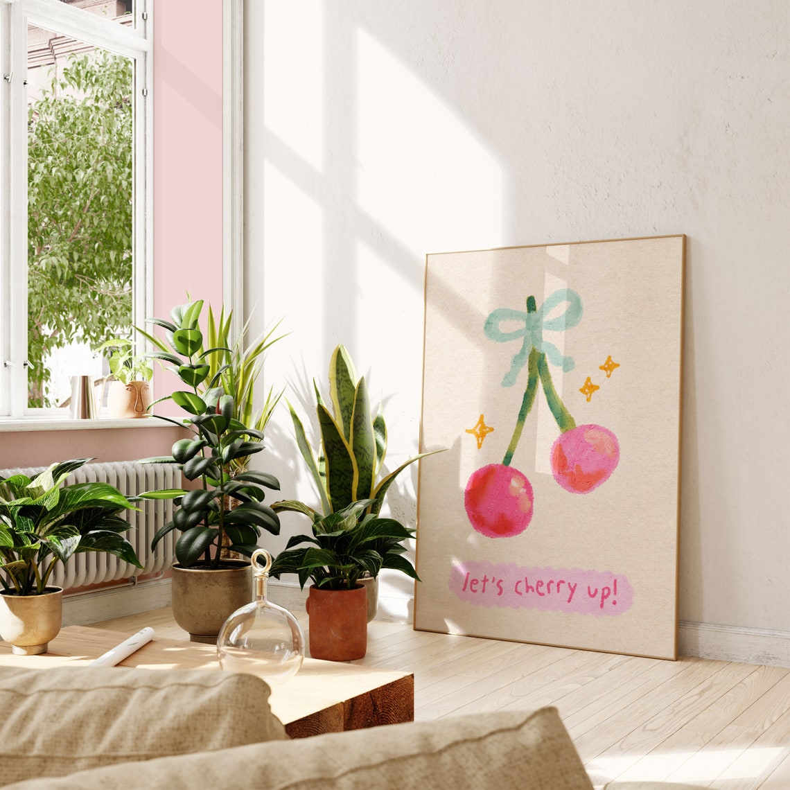 Lets Cherry Up Cute Pink Cherry Watercolor Kitchen Wall Art Decor