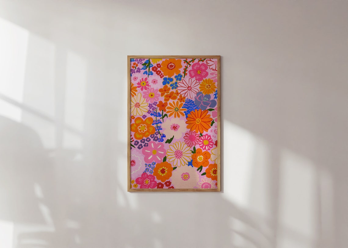 Colorful Maximalist Floral Pattern Pink Orange Botanical Poster