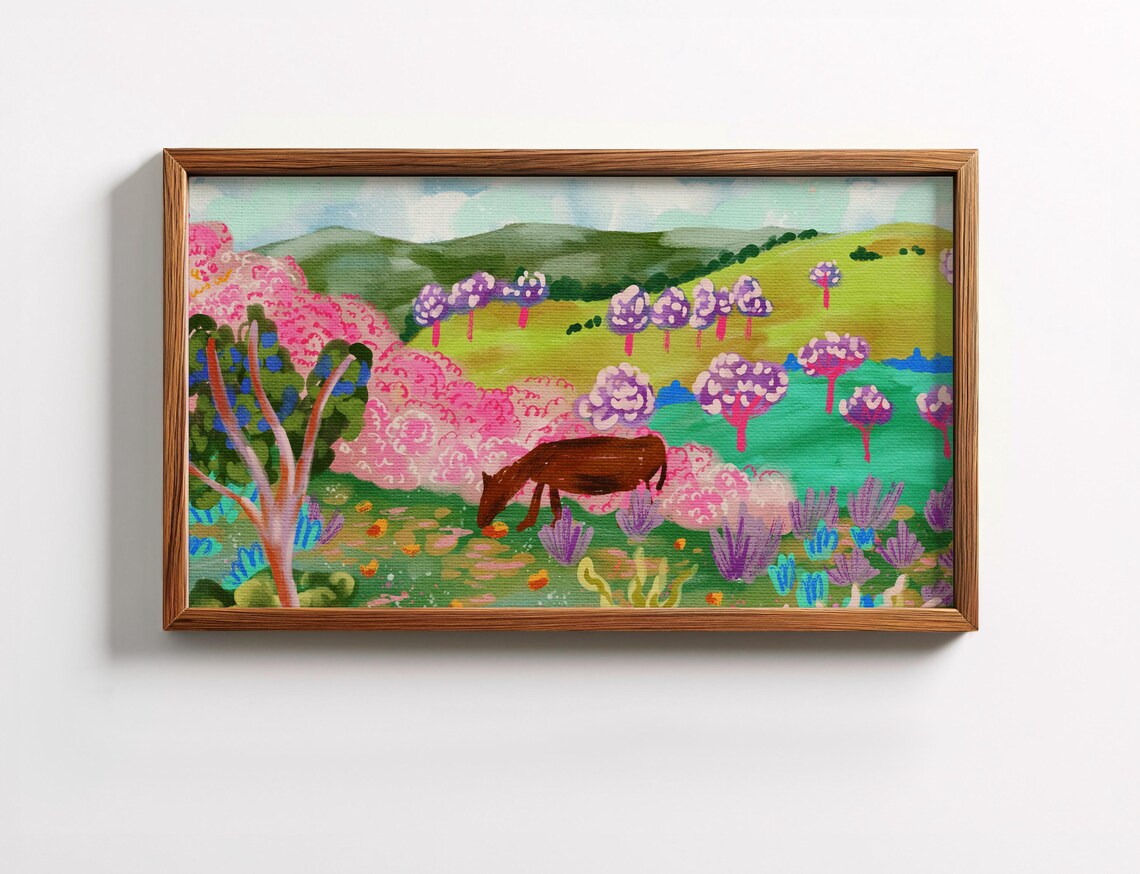 Horse in Blossom Meadow Colorful Spring Landscape Animal Wall Print
