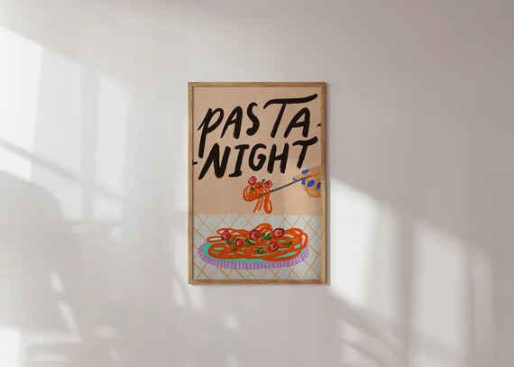 Pasta Night Kitchen Spaghetti Dinner Hand Drawn Fun Food Poster