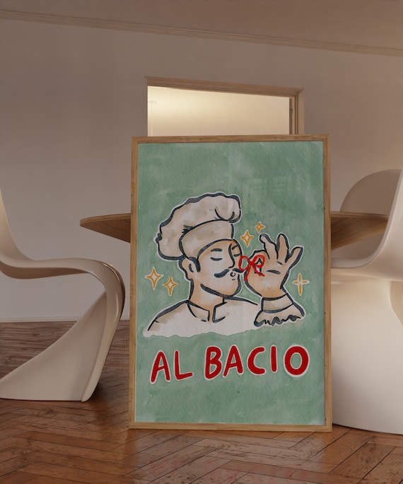 Al Bacio Italian Chef Kiss Hand Gesture Mint Green Kitchen Funny Wall Poster