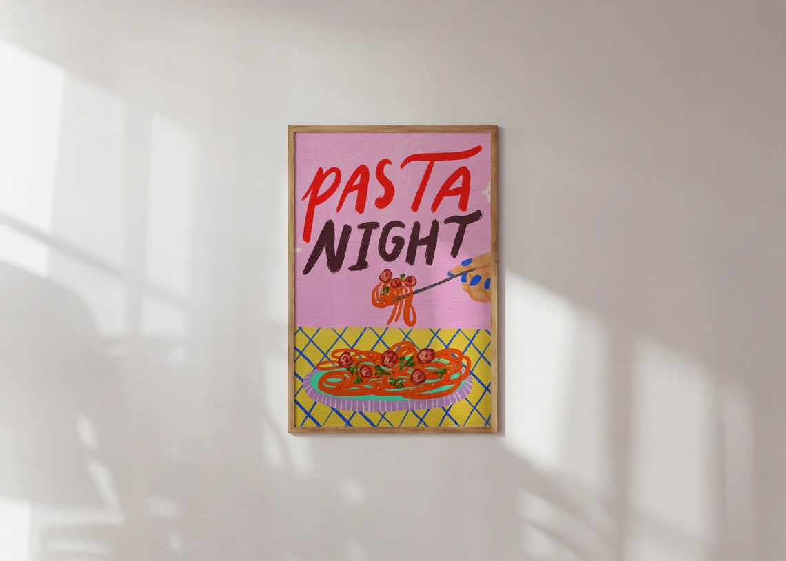 Pasta Night Hand Painted Spaghetti Kitchen Colorful Fun Poster