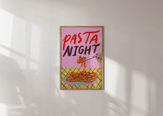 Pasta Night Hand Painted Spaghetti Kitchen Colorful Fun Poster