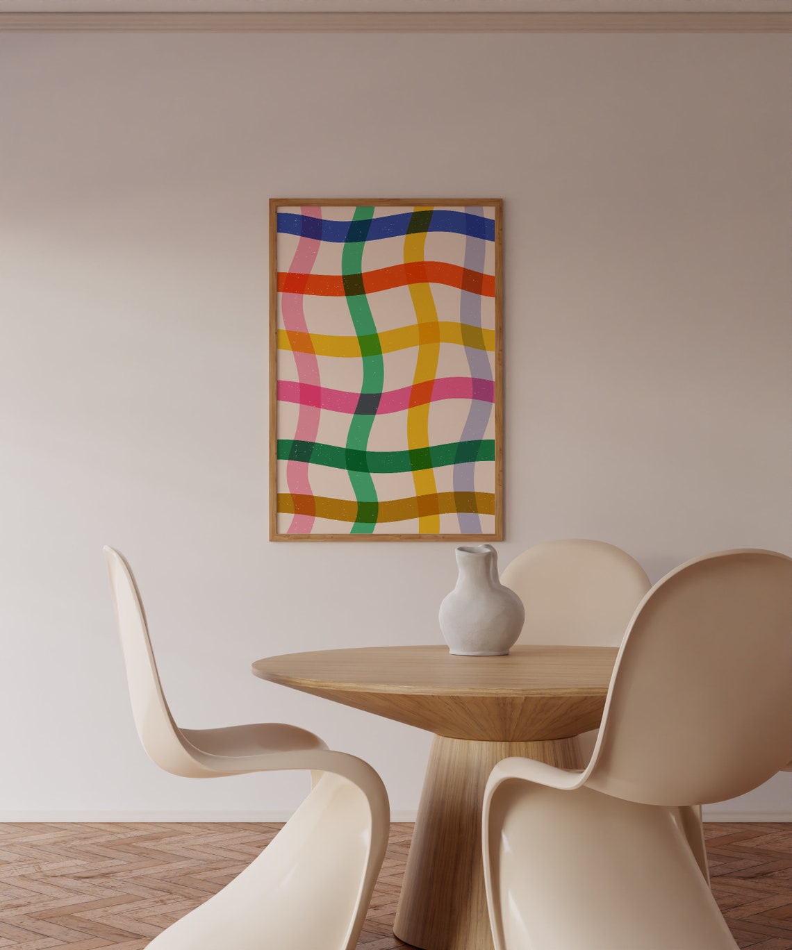 Playful Mid Century Rainbow Wavy Grid Abstract Geometric Art Print