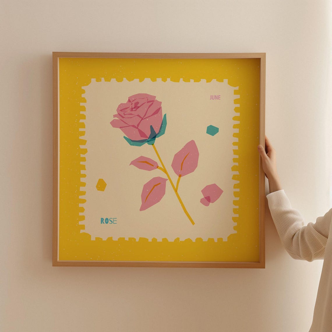 June Rose Birth Flower Retro Stamp Border Pink Floral Poster