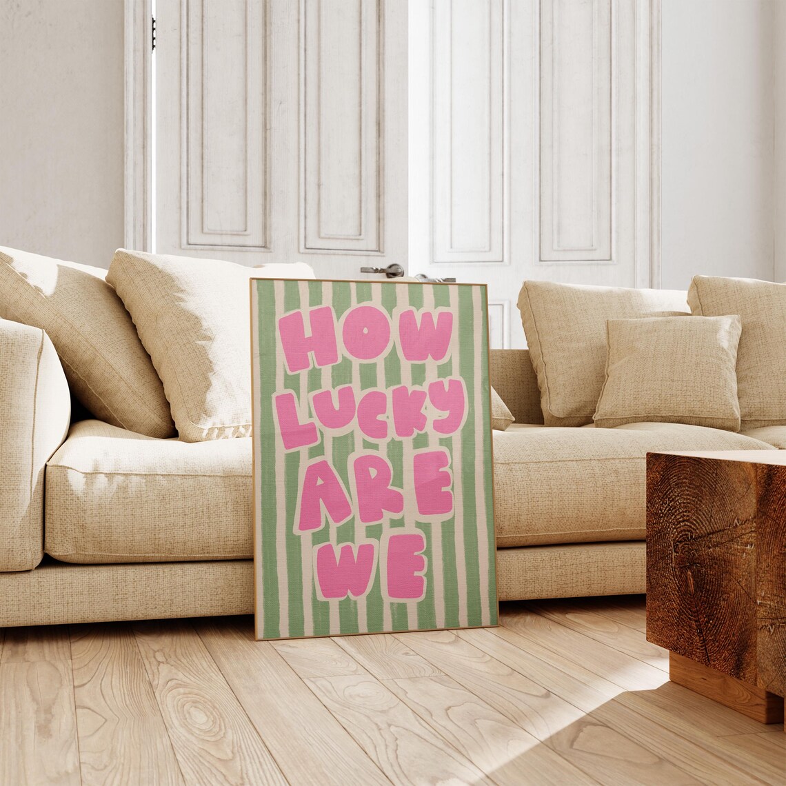 How Lucky Are We Quote Print Pink Green Striped Retro Typography Home Decor