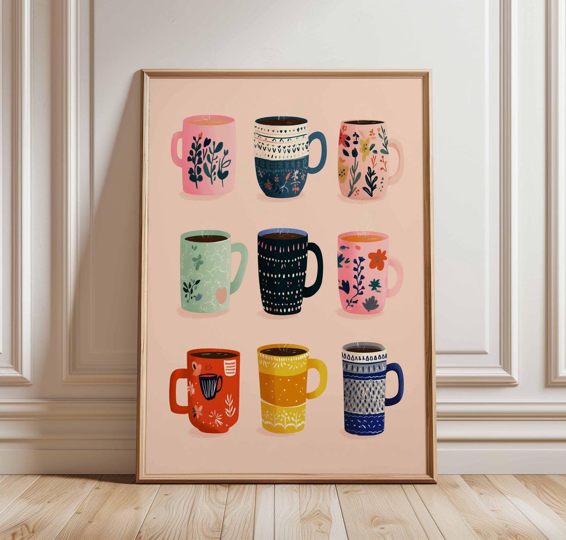 Nine Colorful Illustrated Coffee Mugs Whimsical Kitchen Poster