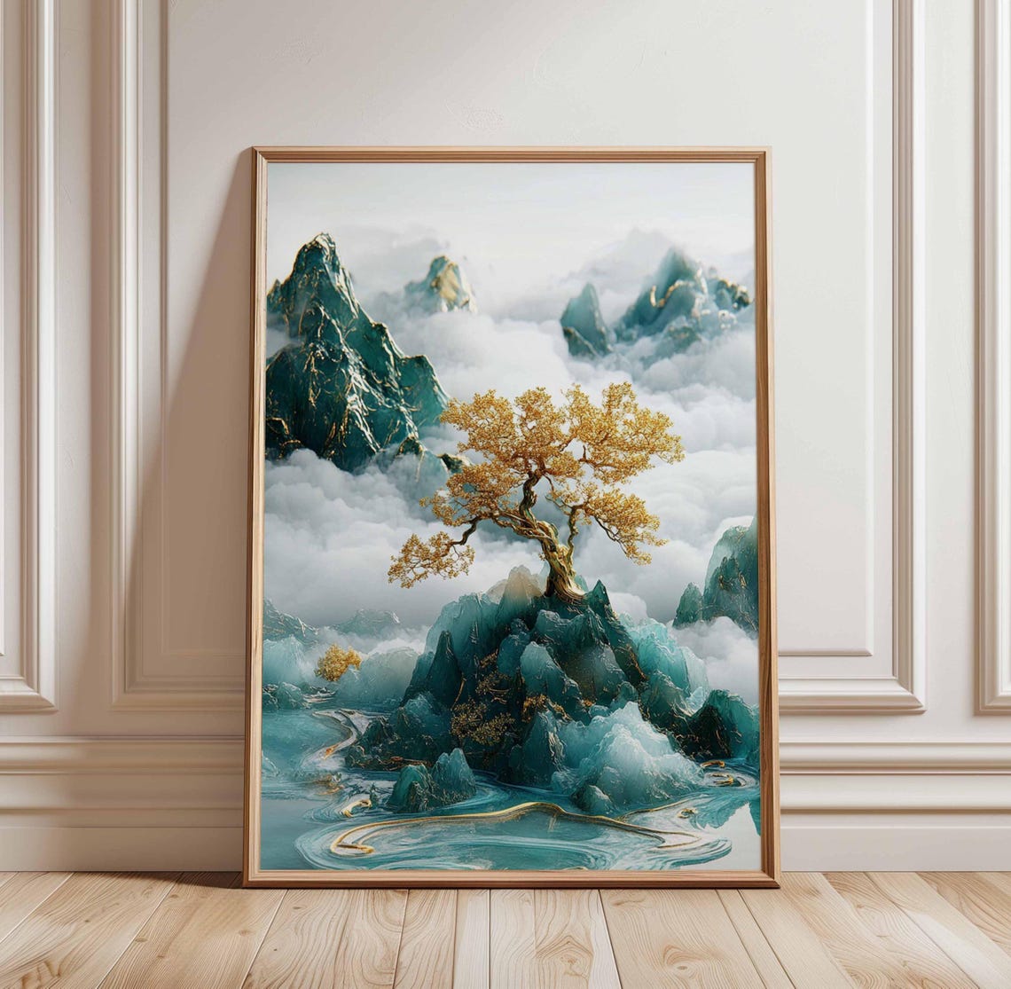 Golden Tree On Teal Rocks Misty Japanese Landscape Art Poster