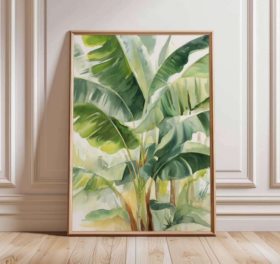Lush Banana Leaves Watercolor Tropical Green Botanical Poster