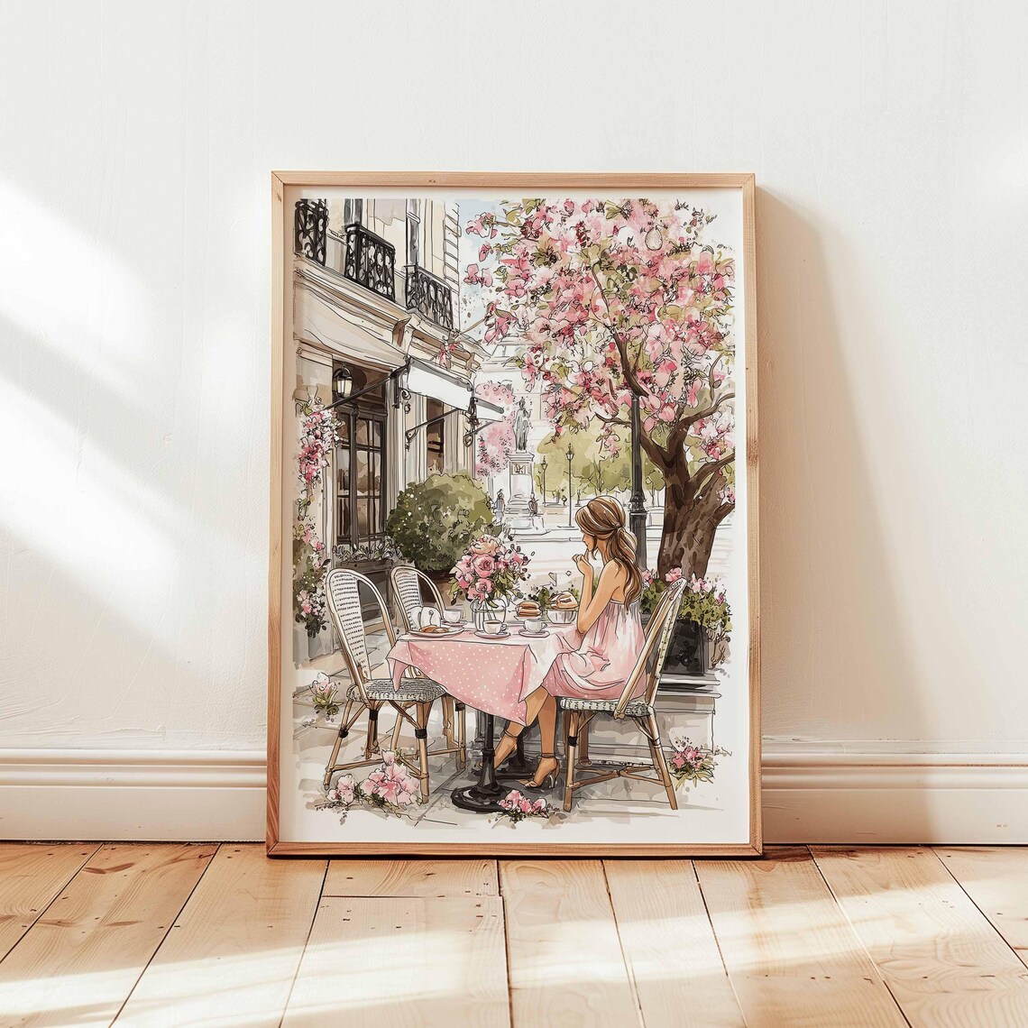 Paris Caf Spring Blossom Art Print, French Girl Illustration