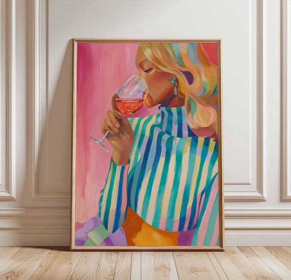 Colorful Wine Woman Wall Art Modern Fashion Illustration Rose Poster Bold Striped Dress Print Unframed For Kitchen Bar