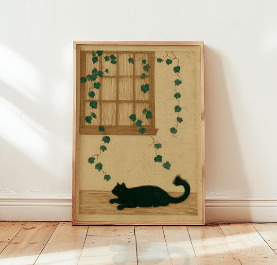 Black Cat Wall Art Vintage Botanical Ivy Print Moody Feline Home Decor