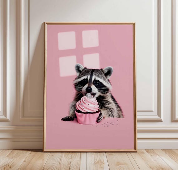 Cute Raccoon Wall Art Poster Pink Cupcake Animal Print Funny Dessert Illustration Unframed Pop Style Artwork For Kitchen Or Nursery